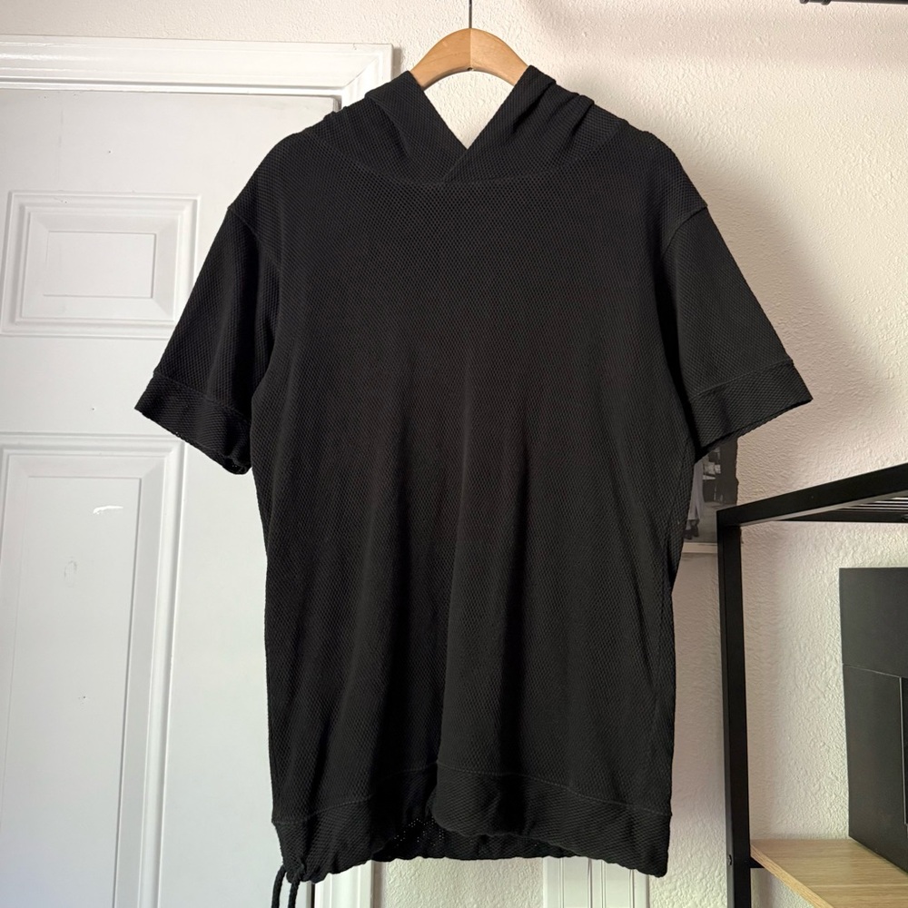 JOHN ELLIOTT black cotton mesh layered hoodie short‎ sleeve boxy oversized tee